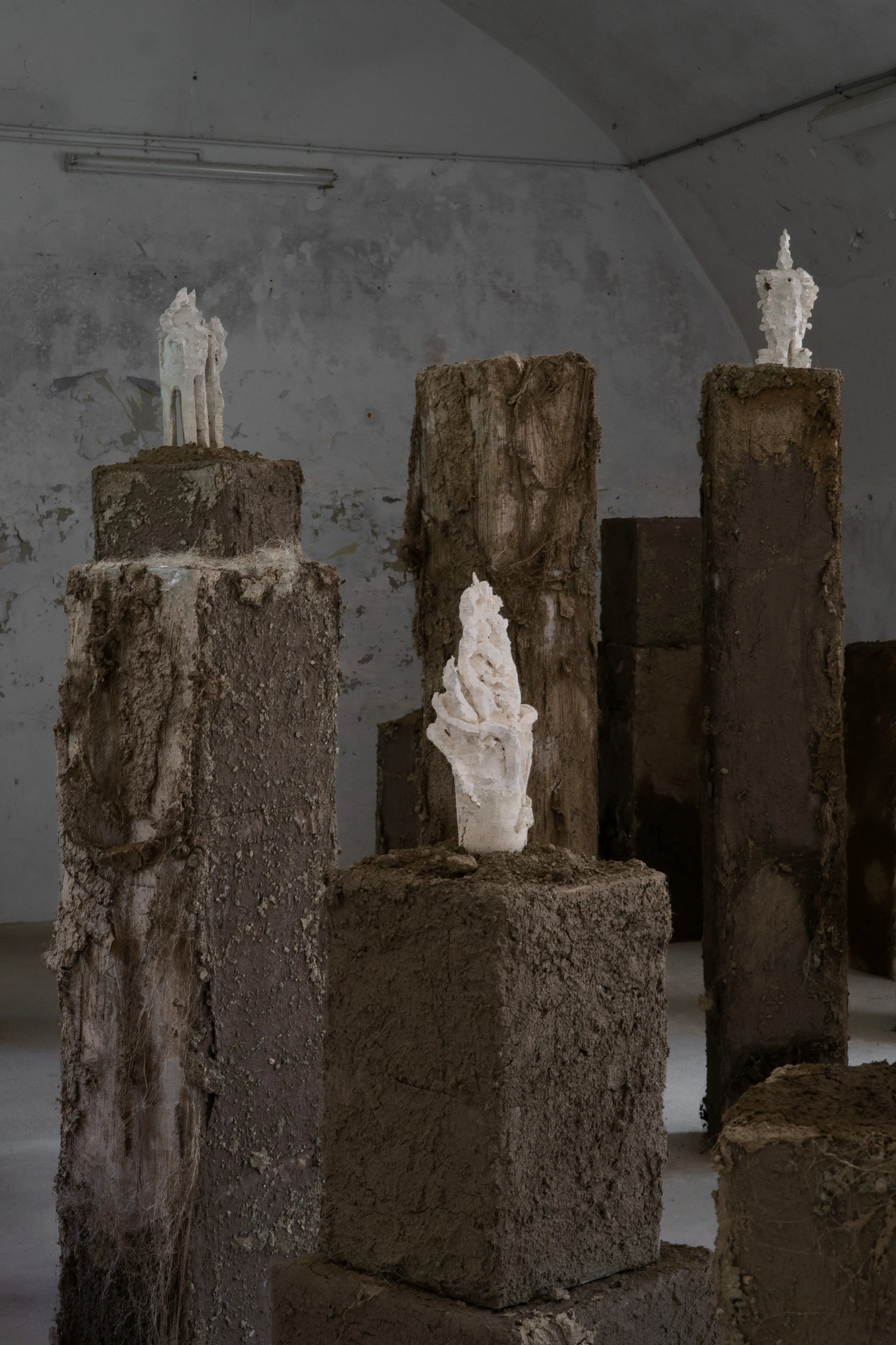 Le Jardin clos, 2023. céramique grès blanc, socle en carton, chanvre et terre végétale, dimensions variables. Photo © Margot Anquez Bariseau