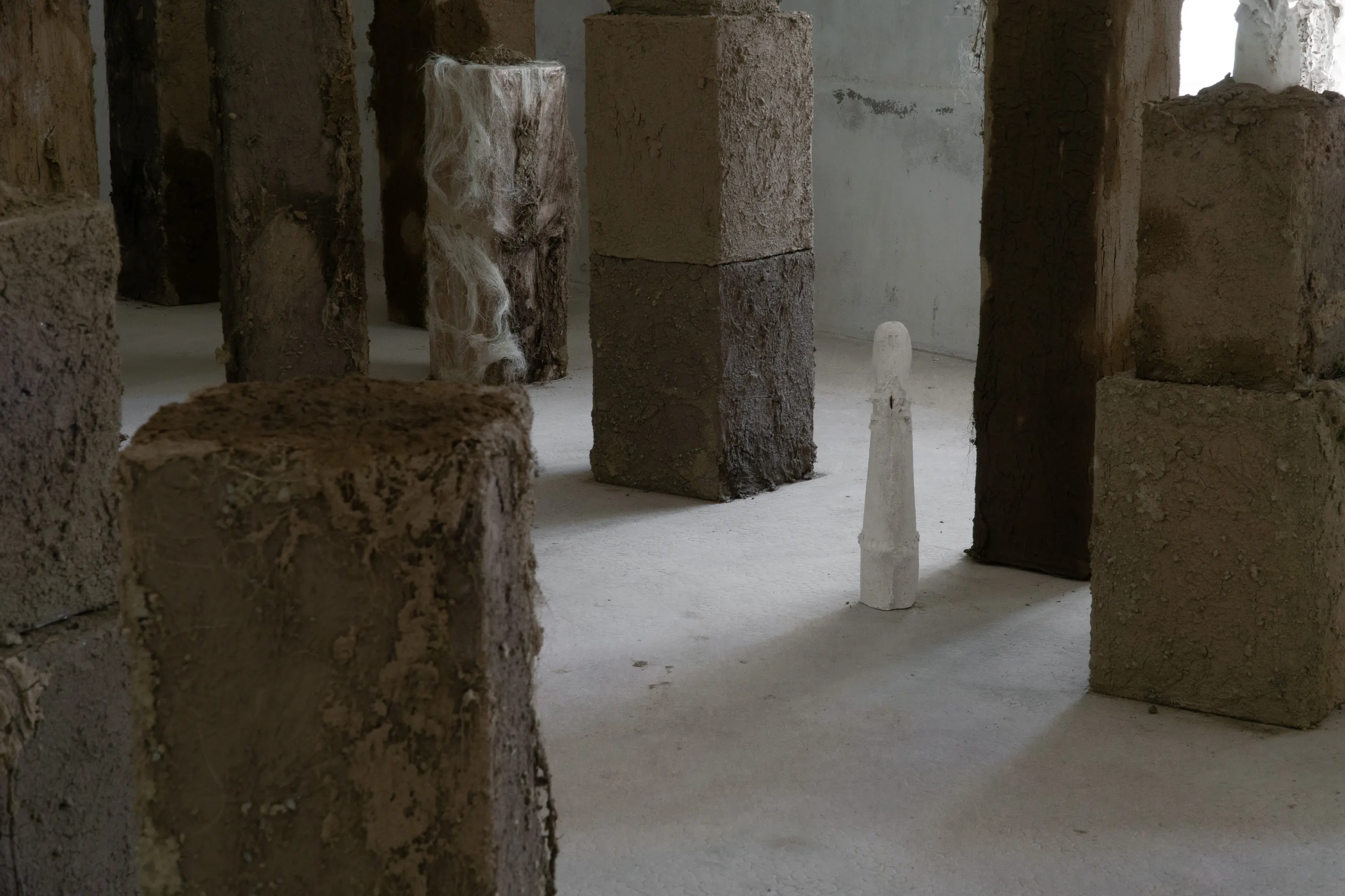 Le Jardin clos, 2023. céramique grès blanc, socle en carton, chanvre et terre végétale, dimensions variables. Photo © Margot Anquez Bariseau