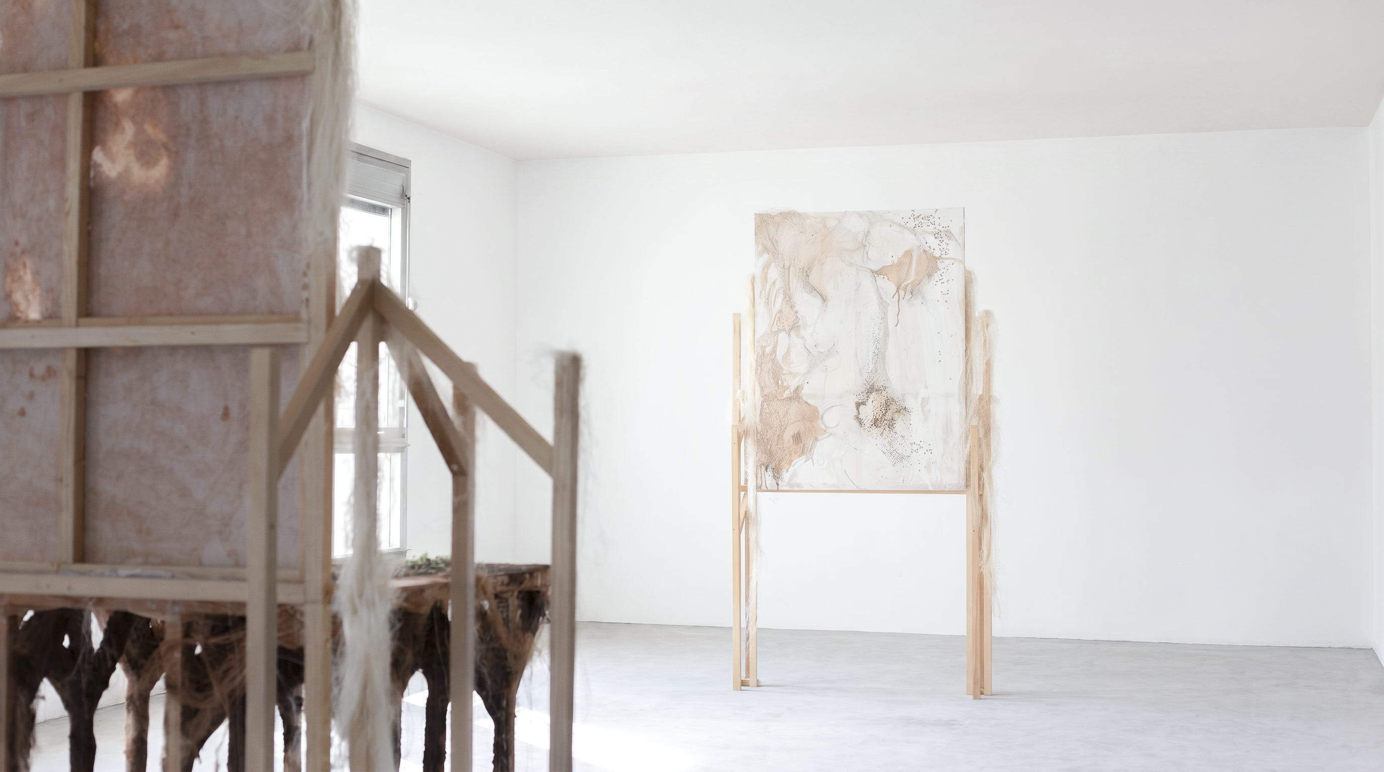 Ensemencés (série de 5), 2024. Argile, graines, eau, latex, toile et bois, dimensions variables